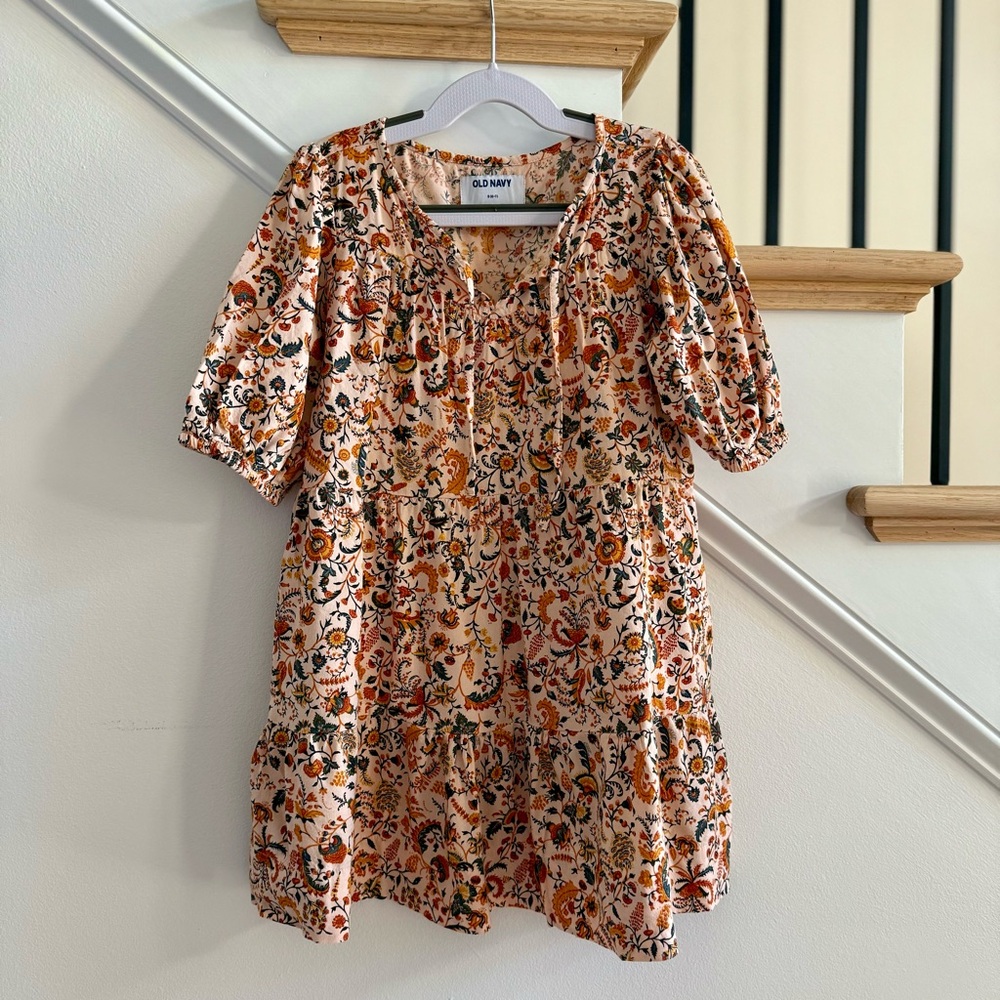 Old Navy Girls Puff-Sleeve Tiered Floral Print Swing Dress, Size S (6/7)